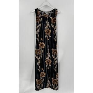 Rolling Over Vintage Maxi Dress Womens Large Black Beige Floral Sleeveless Belt